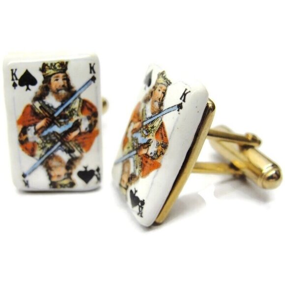 King of Spades Porcelain Cufflinks Gold Tone Tux Shirt Dress Suit Vintage - Picture 2 of 11